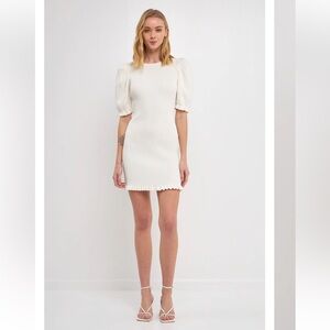 ENDLESS ROSE Back Tied Puff Sleeve Ribbed Knit White Mini Dress Size Small